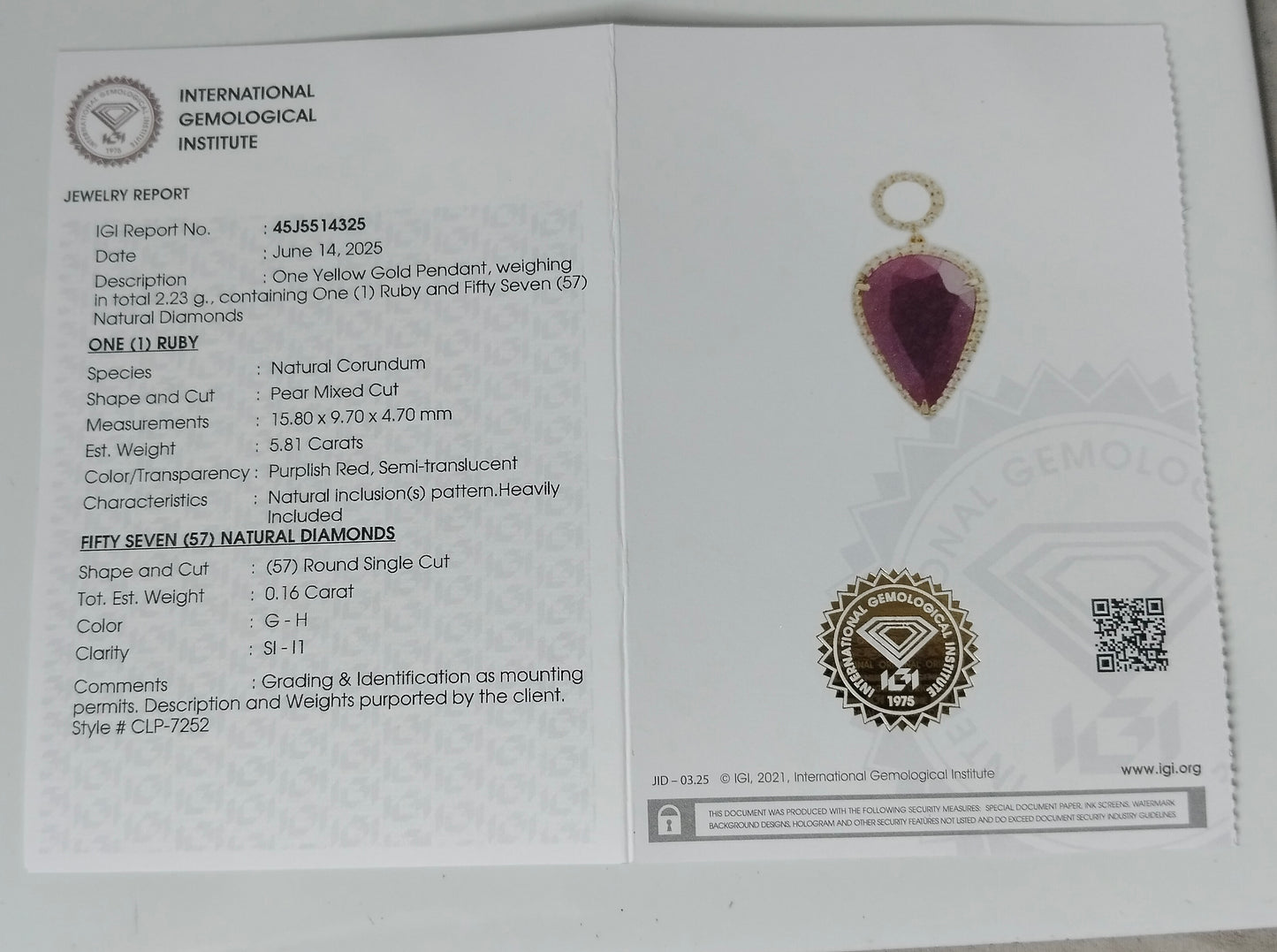 5.97 Ct Pear Mixed Cut Natural Corundum Ruby 14K Gold Pendant