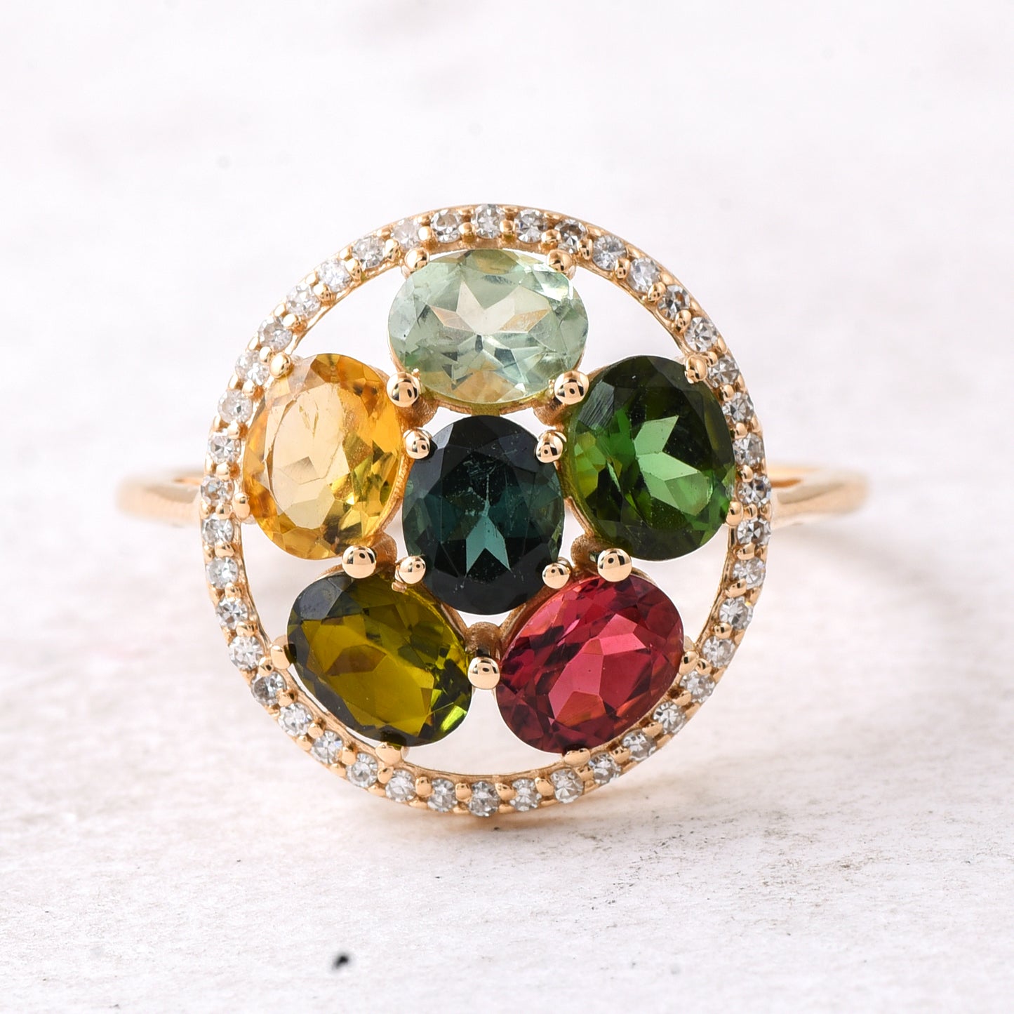 2.53 Ct Oval Mixed Cut Natural Multi-Coloured Tourmaline 14K Gold Ring