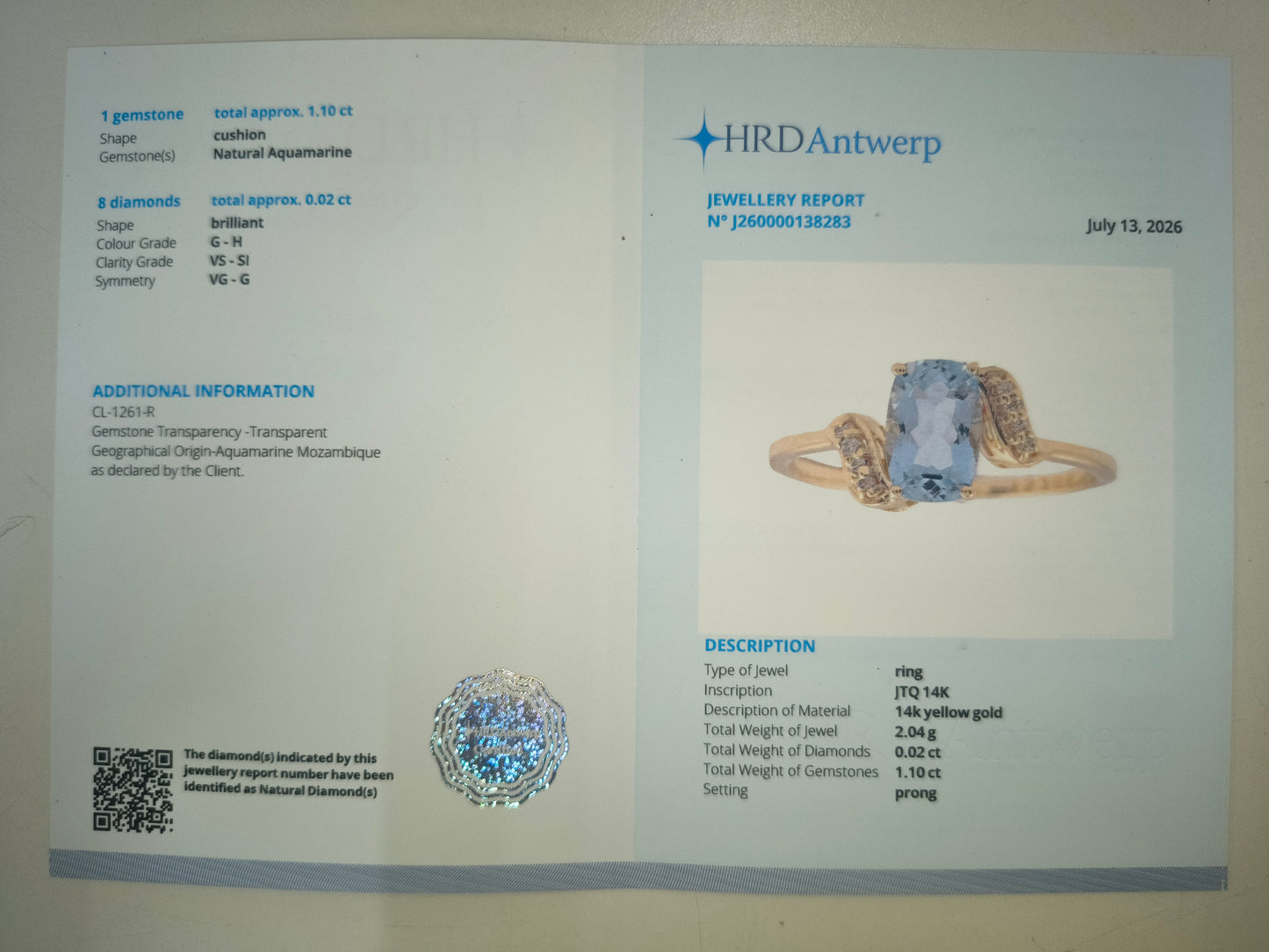 1.12 Ct Cushion Natural Aquamarine 14K Gold Ring