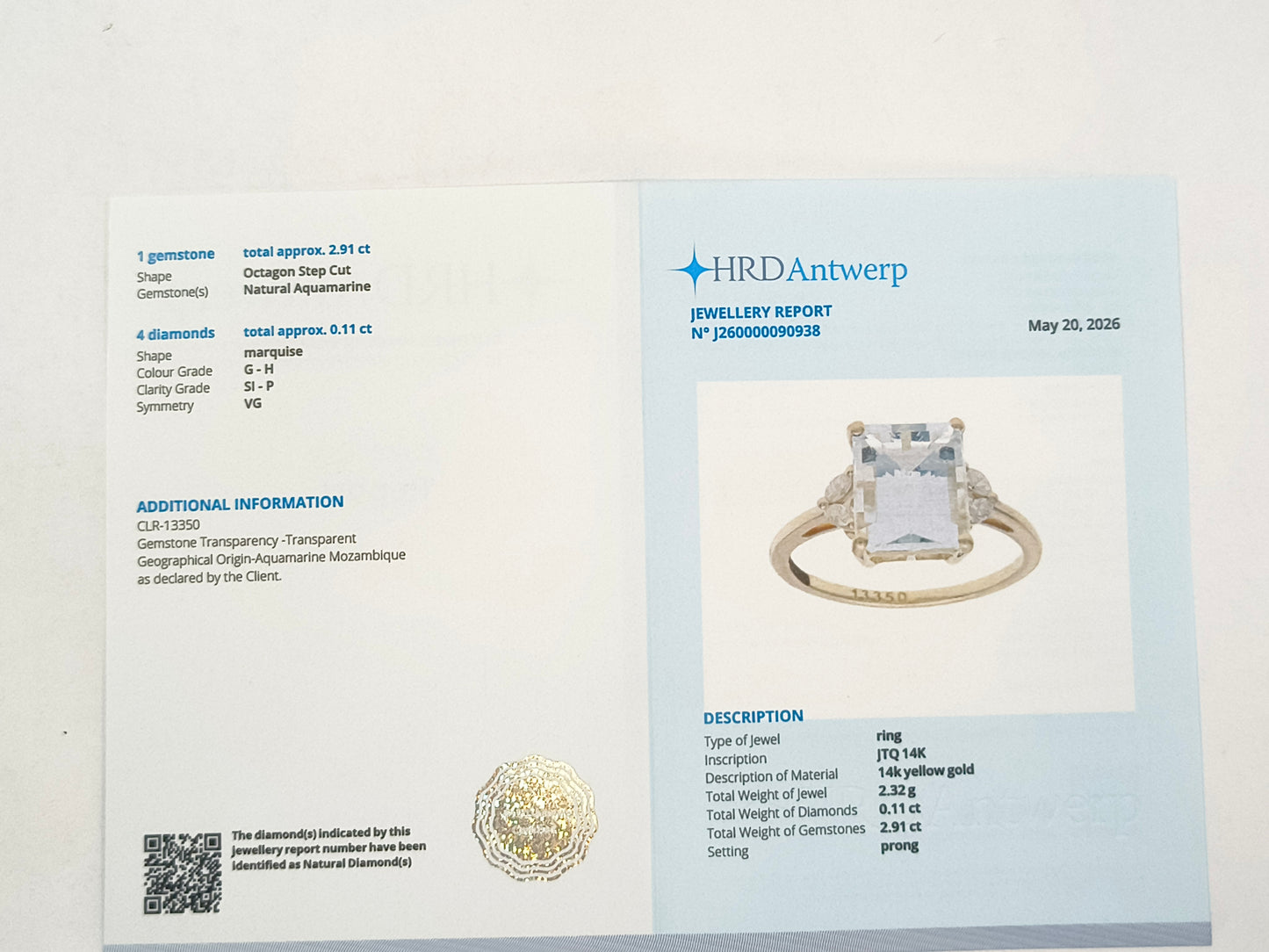 3.02 Ct Octagon Aquamarine 14K Gold Ring