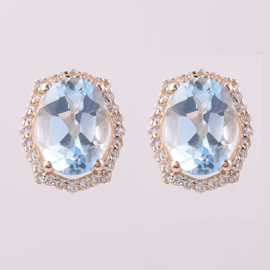3.14 Ct Oval Blue Topaz 9K Gold Earrings