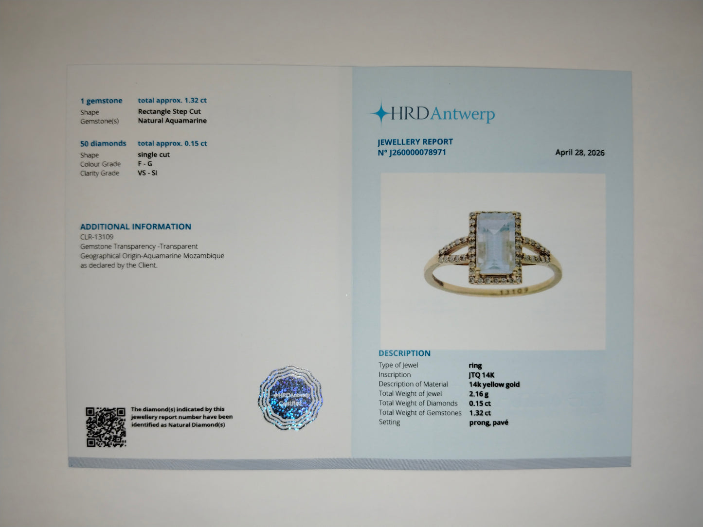 1.47 Ct Rectangle Step Cut Natural Aquamarine 14K Gold Ring
