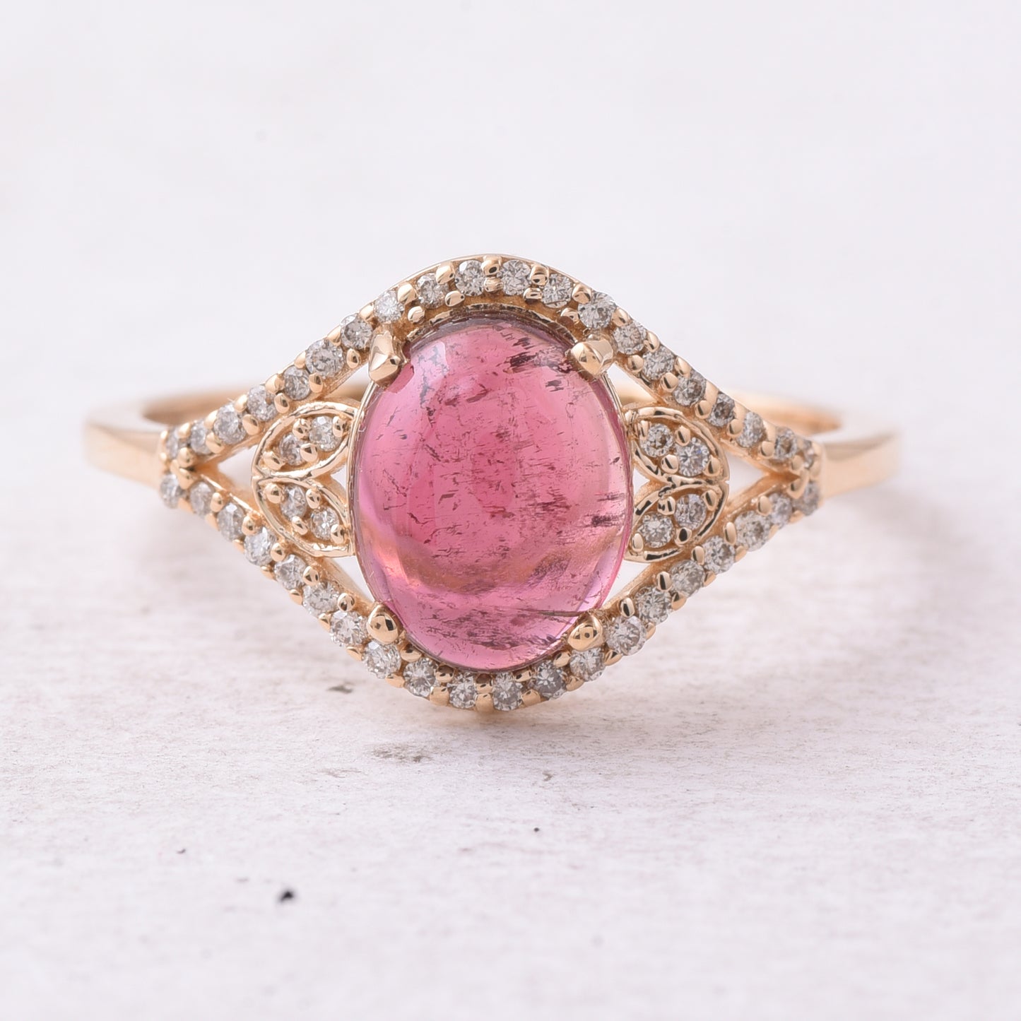 1.91 Ct Oval Cabochon Cut Natural Rubellite 14K Gold Ring