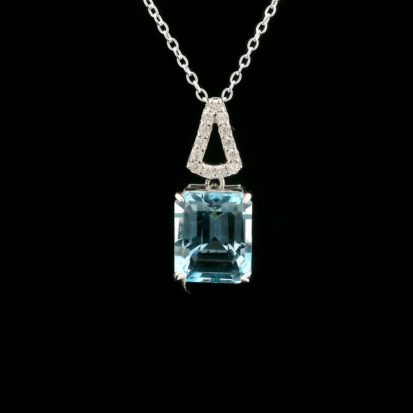 4.27 Ct Octagon Blue Topaz, White Zircon 925 Sterling Silver Pendant