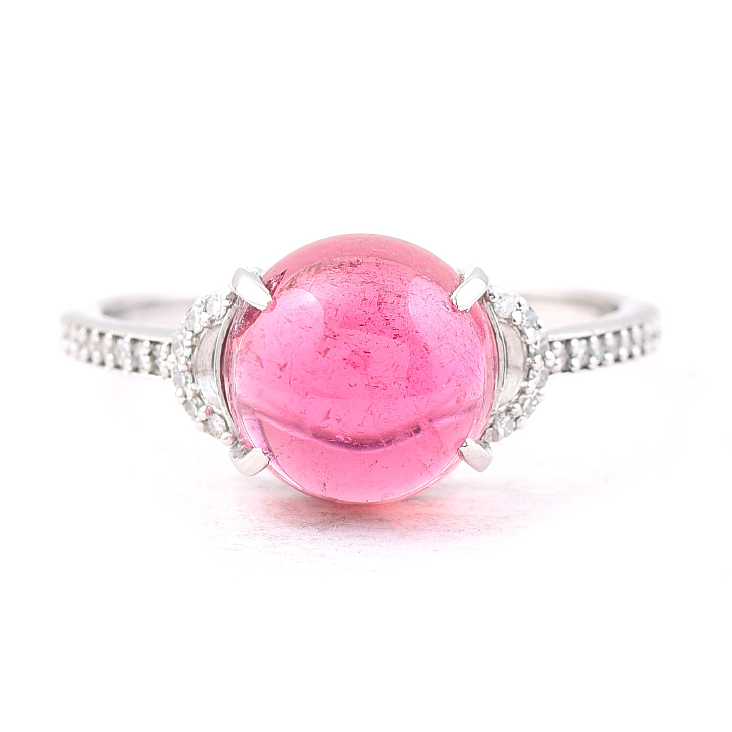 3.69 Ct Round Cabochon Cut Natural Pink Tourmaline 950 Platinum Ring