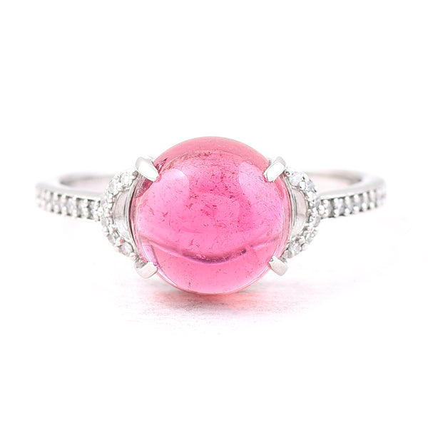 3.69 Ct Round Cabochon Cut Natural Pink Tourmaline 950 Platinum Ring