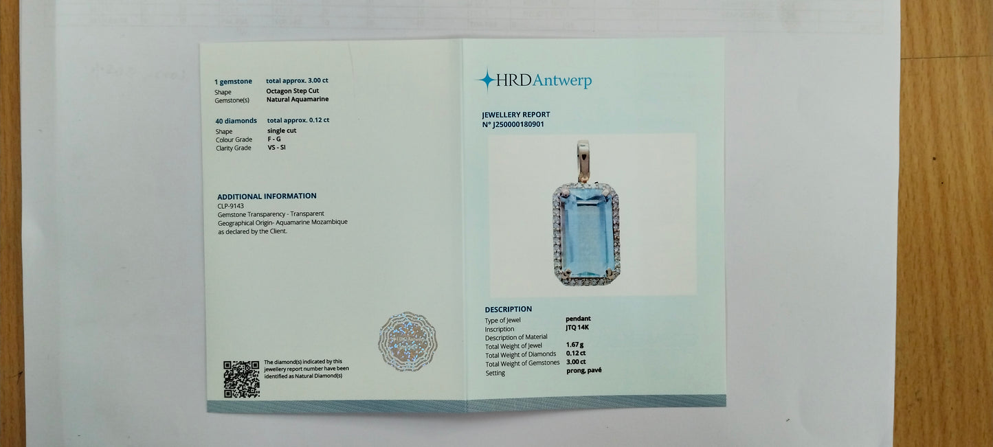 3.12 Ct Octagon Step Cut Natural Aquamarine 14K Gold Pendant