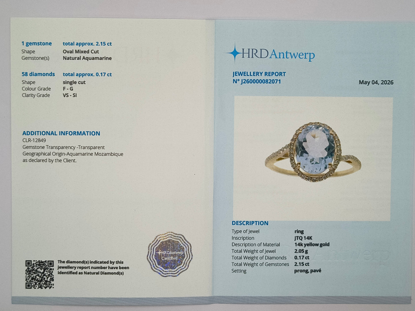 2.34 Ct Oval Mixed Cut Natural Aquamarine 14K Gold Ring