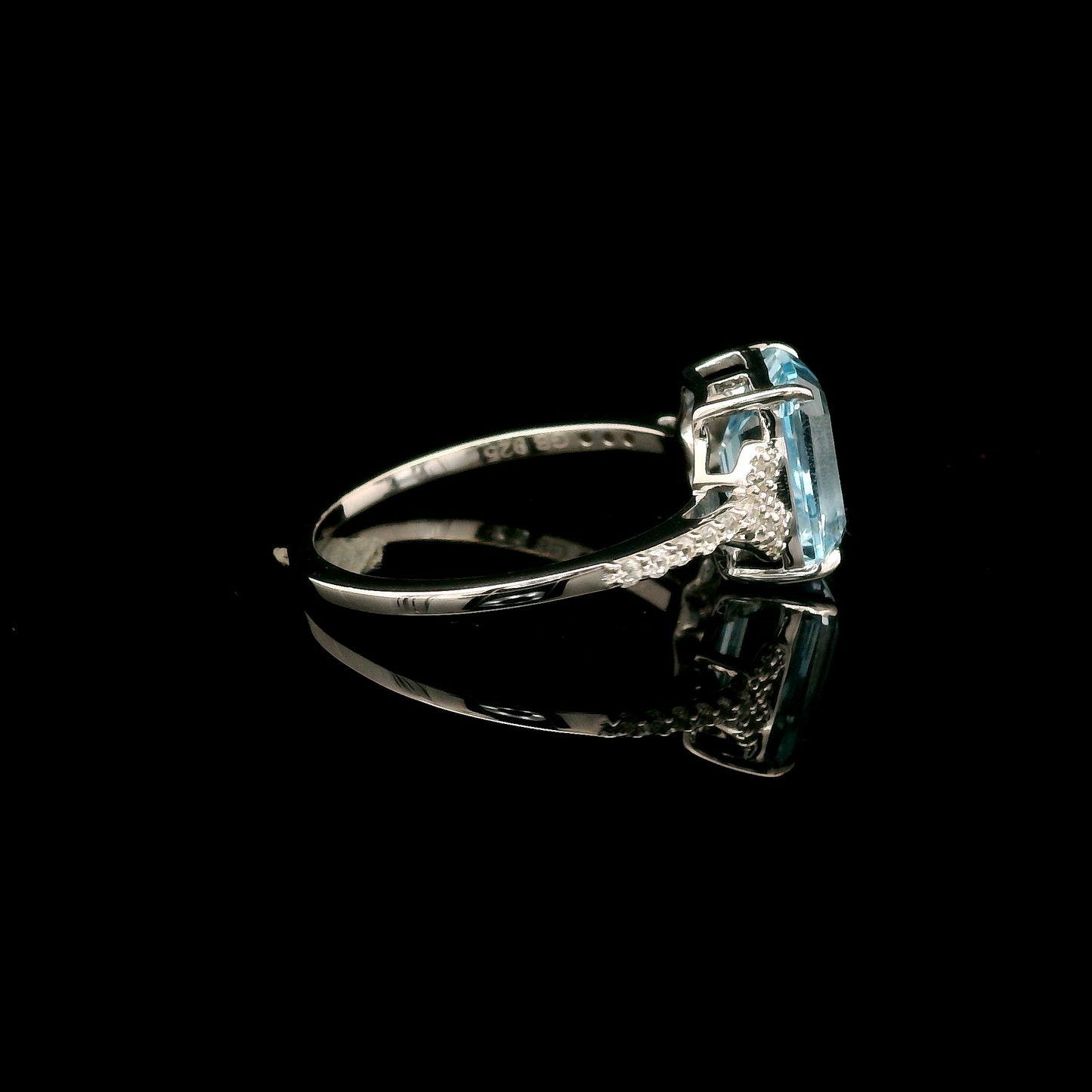 3.01 Ct Octagon Blue Topaz, White Zircon 925 Sterling Silver Ring