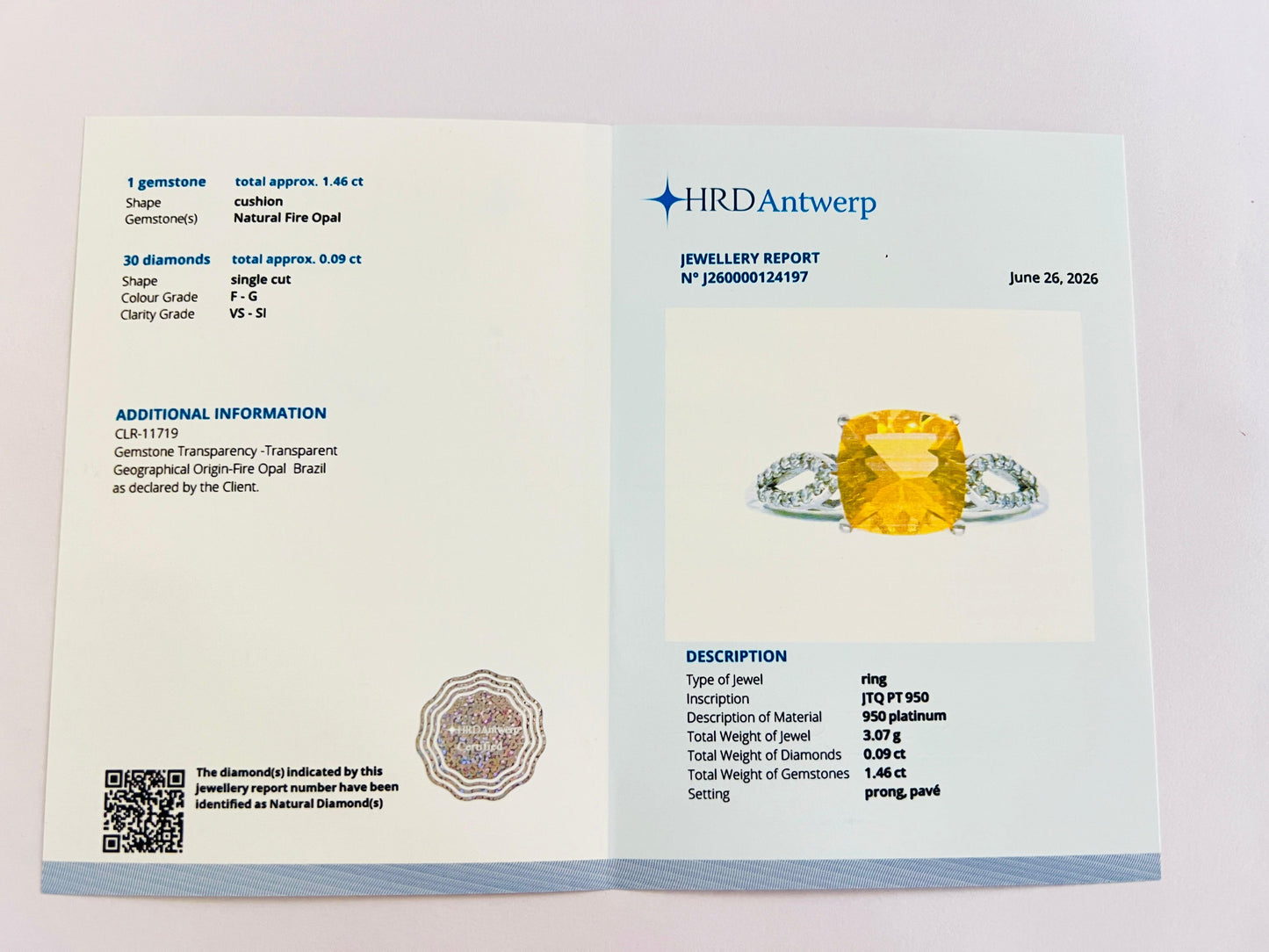 1.55 Ct Cushion Natural Fire Opal 950 Platinum Ring