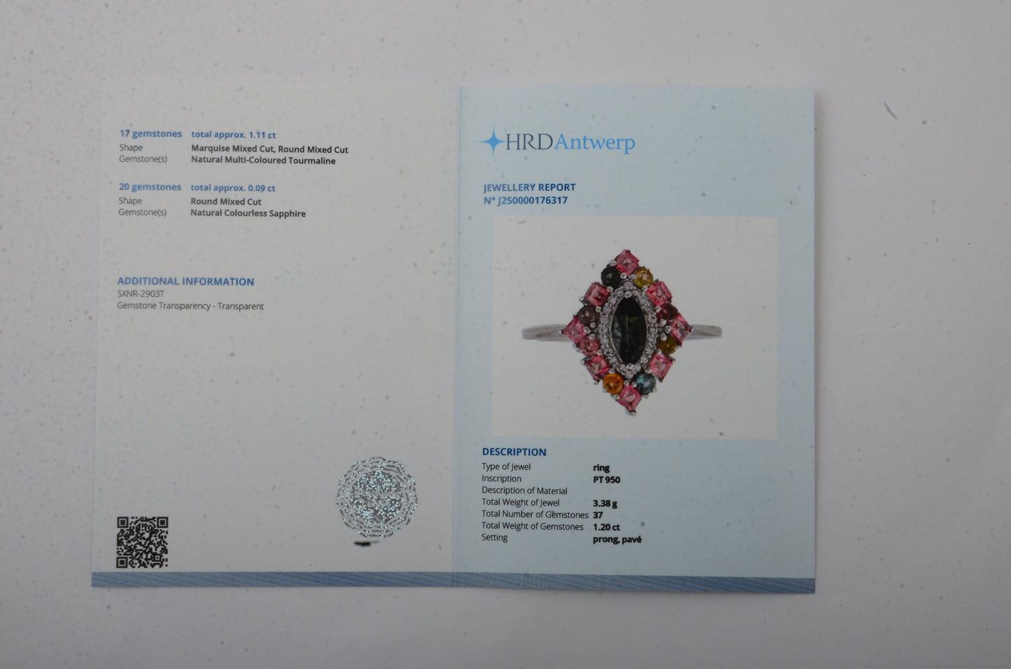 1.20 Ct Marquise Mixed Cut, Square Step Cut, Round Mixed Cut Natural Multi-Coloured Tourmaline 950 Platinum Ring