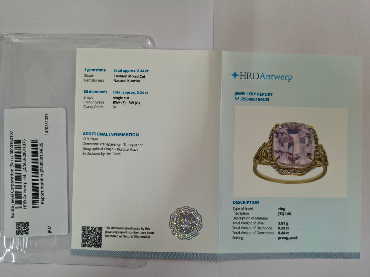 8.68 Ct Cushion Mixed Cut Natural Kunzite 14K Gold Ring