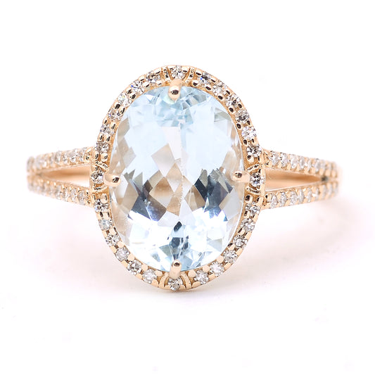 3.15 Ct Oval Mixed Cut Natural Aquamarine 14K Gold Ring