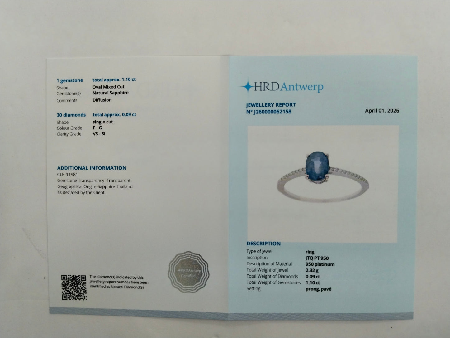 1.19 Ct Oval Mixed Cut Natural Sapphire 950 Platinum Ring
