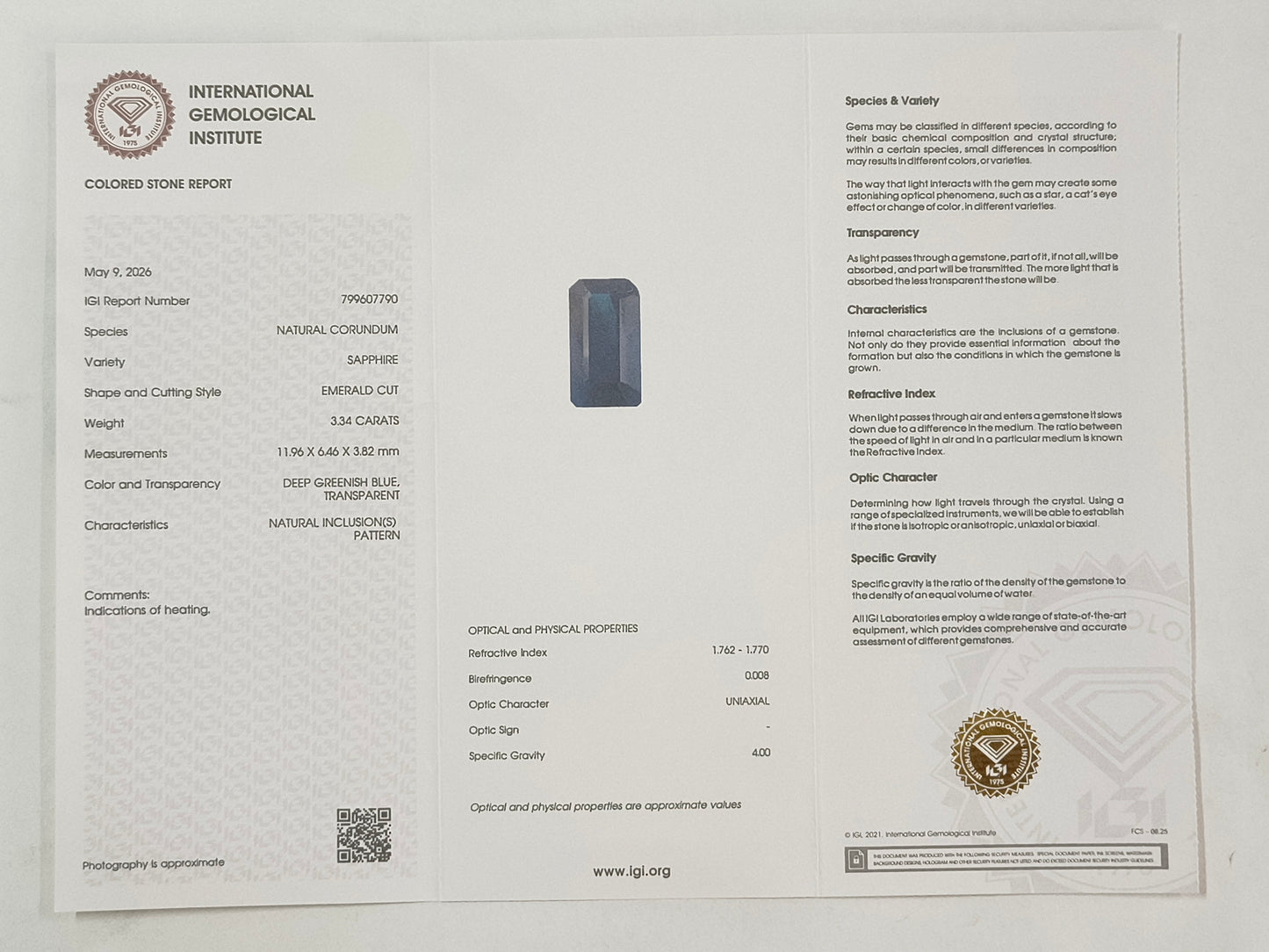 3.34 Natural Corundum Sapphire Emerald Cut Gemstone