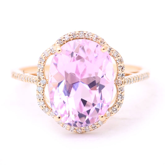 6.39 Ct Oval Mixed Cut Natural Kunzite 14K Gold Ring