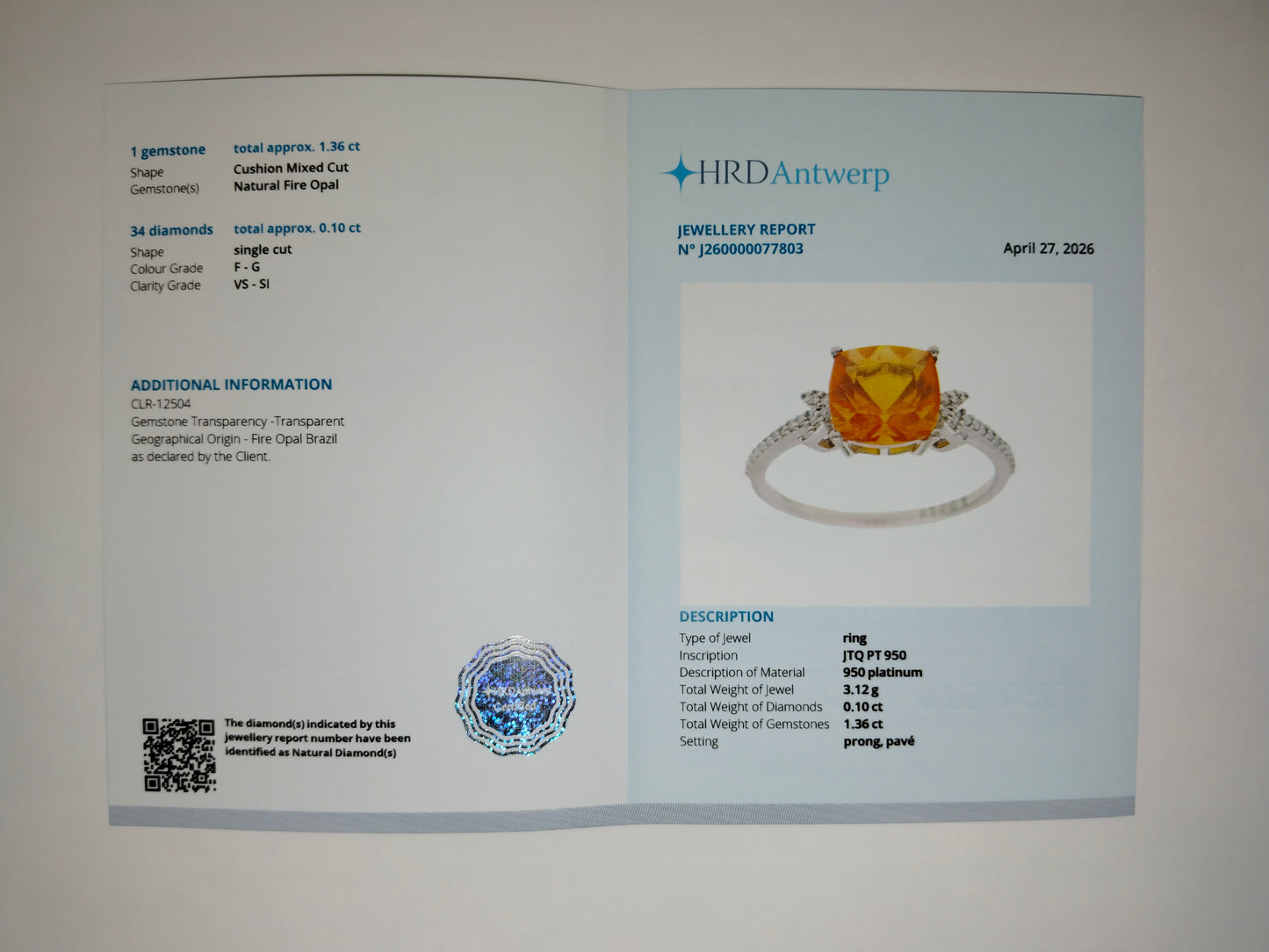1.46 Ct Cushion Mixed Cut Natural Fire Opal 950 Platinum Ring