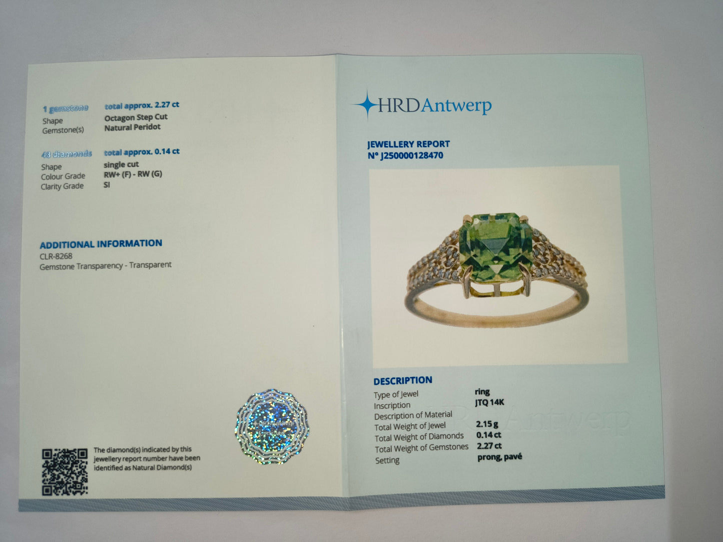2.41 Ct Octagon Natural Eridot 14K Gold Ring