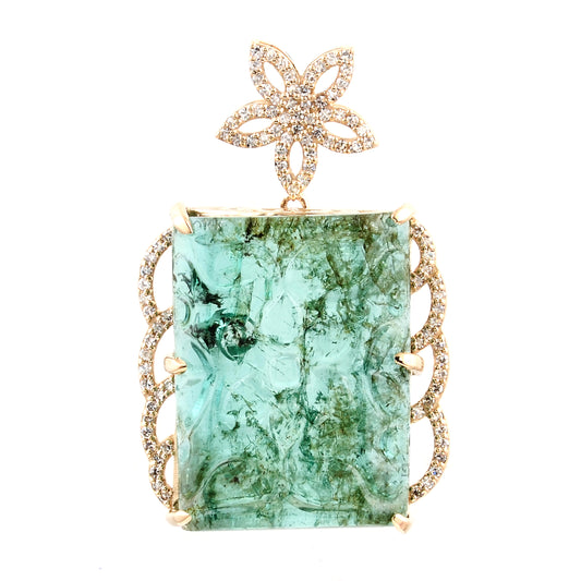 16.56 Ct Fancy Carving Natural Beryl Emerald 14K Gold Pendant
