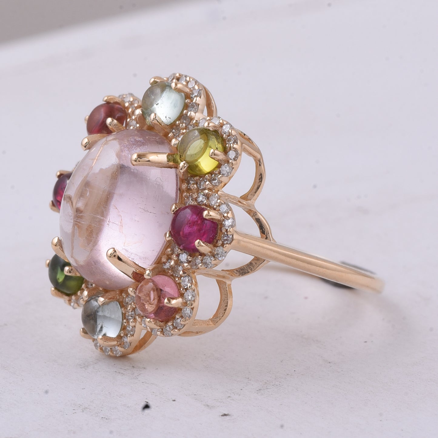 6.06 Ct Oval Cabochon Cut, Round Cabochon Cut Natural Multi-Coloured Tourmaline 14K Gold Ring