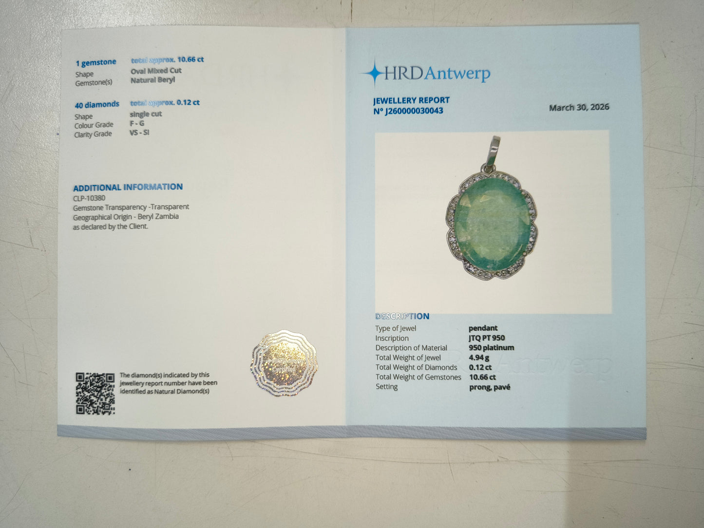 10.78 Ct Oval Mixed Cut Natural Beryl 950 Platinum Pendant
