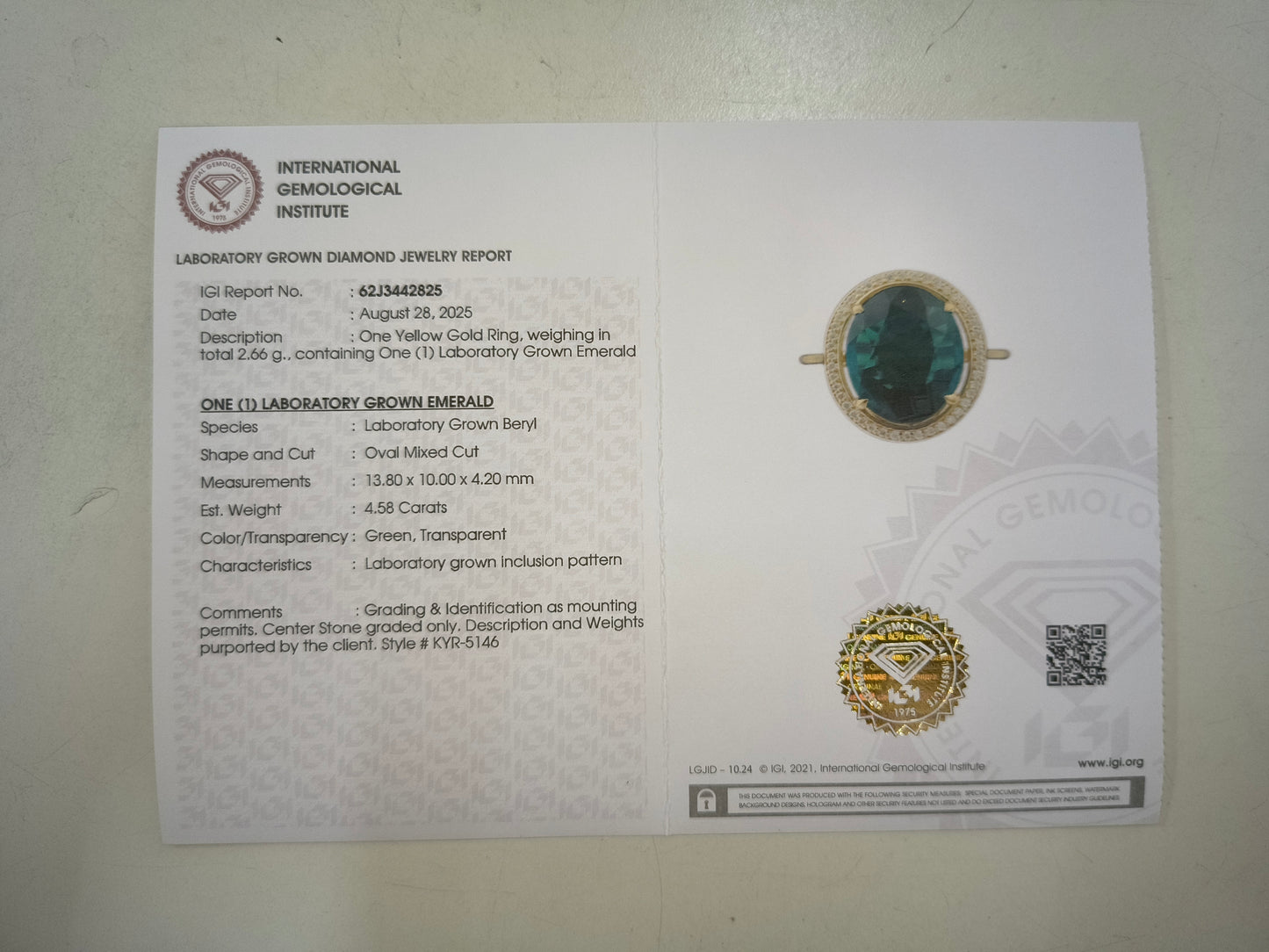 4.71 Ct Oval Mixed Cut Lab Grown Emerald 14K Gold Ring
