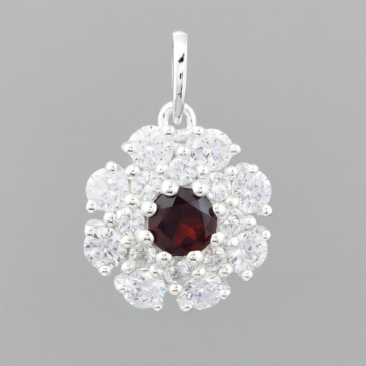 1.97 Ct Round Garnet, Cubic Zirconia 925 Sterling Silver Pendant