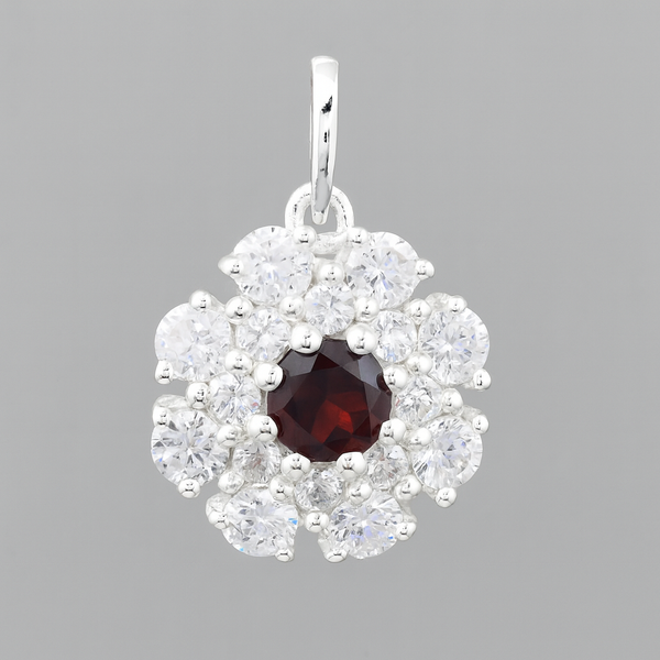 1.97 Ct Round Garnet, Cubic Zirconia 925 Sterling Silver Pendant