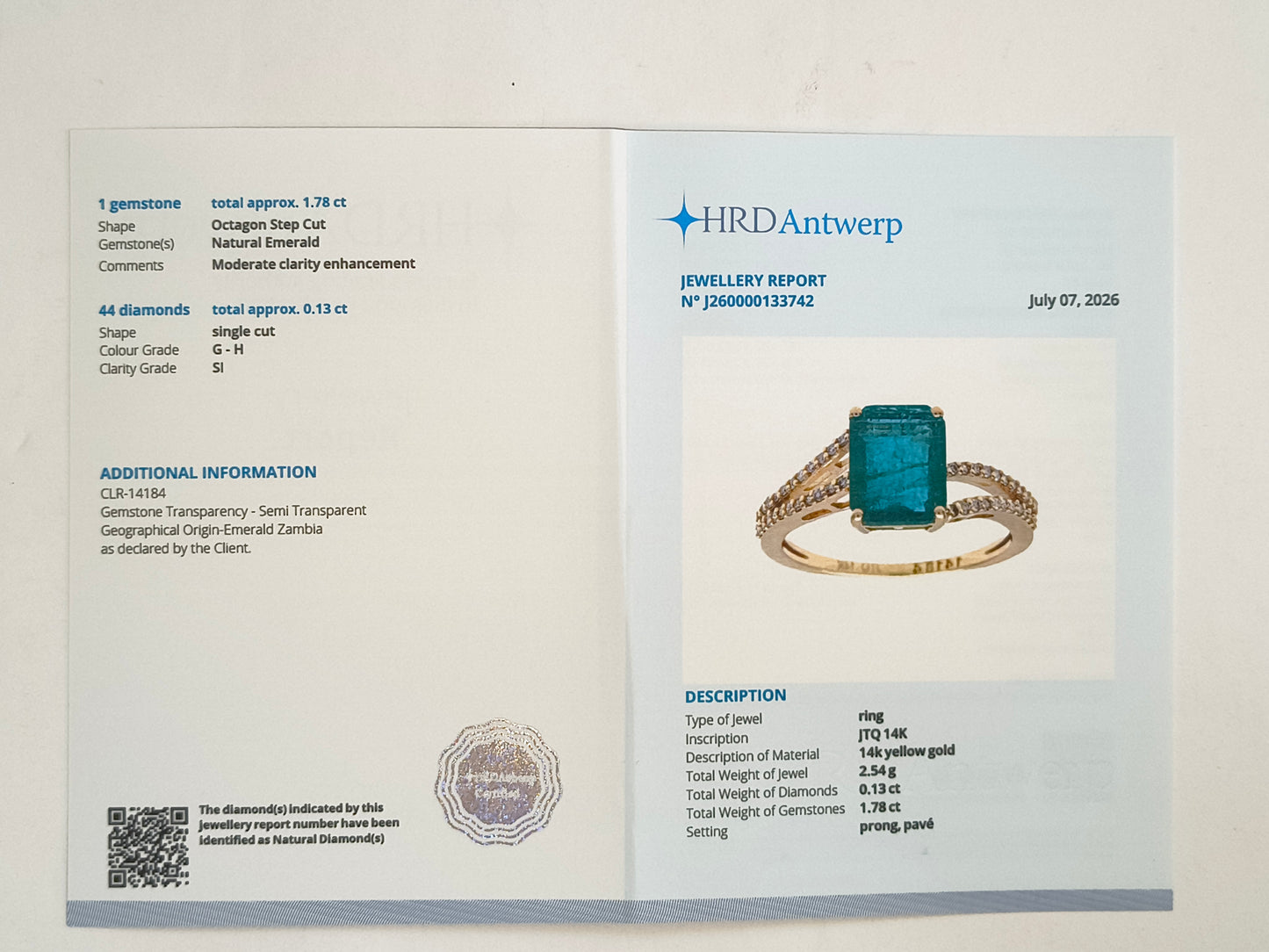 1.91 Ct Octagon Step Cut Natural Emerald 14K Gold Ring