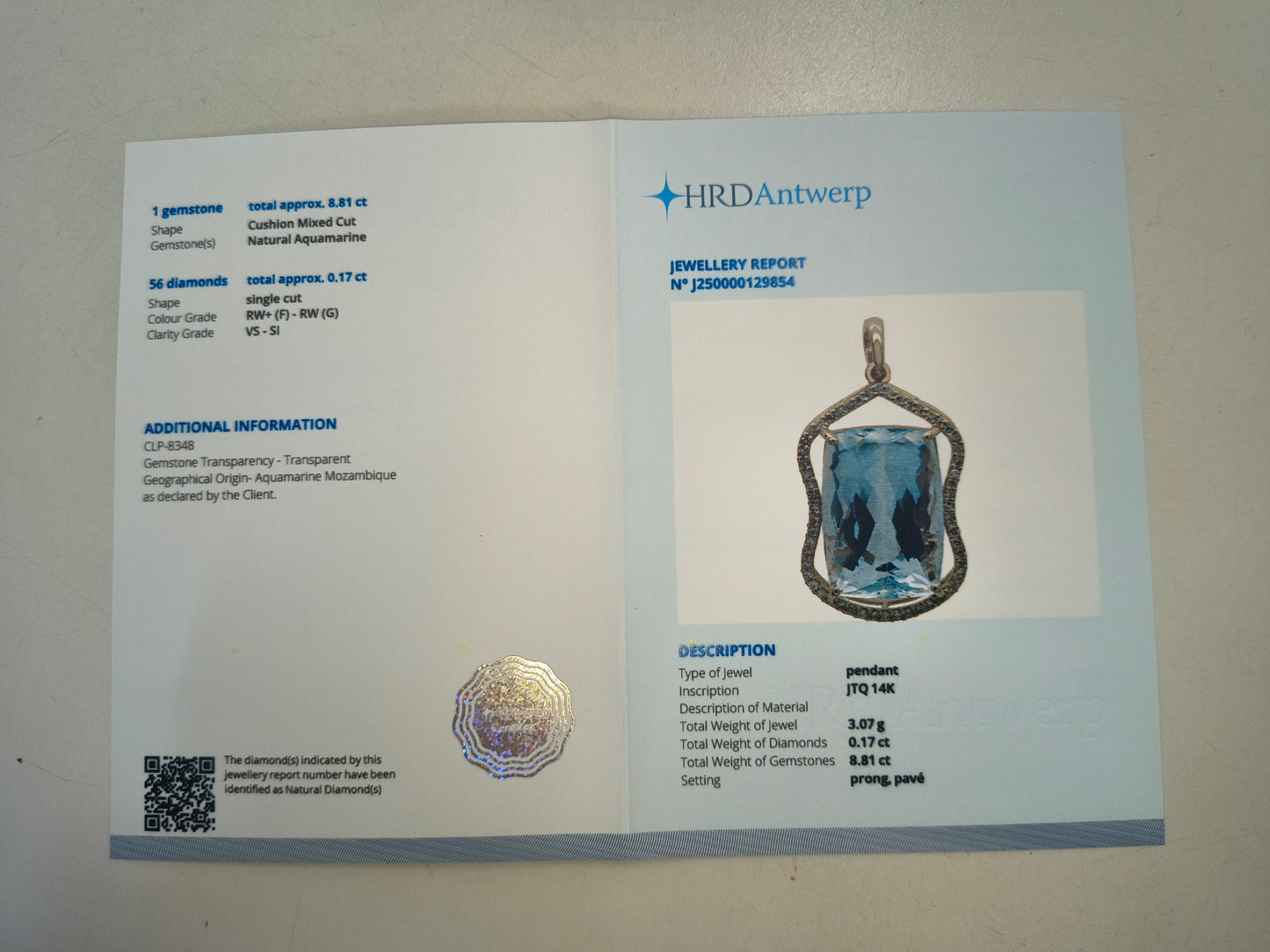 8.98 Ct Cushion Natural Aquamarine 14K Gold Pendant