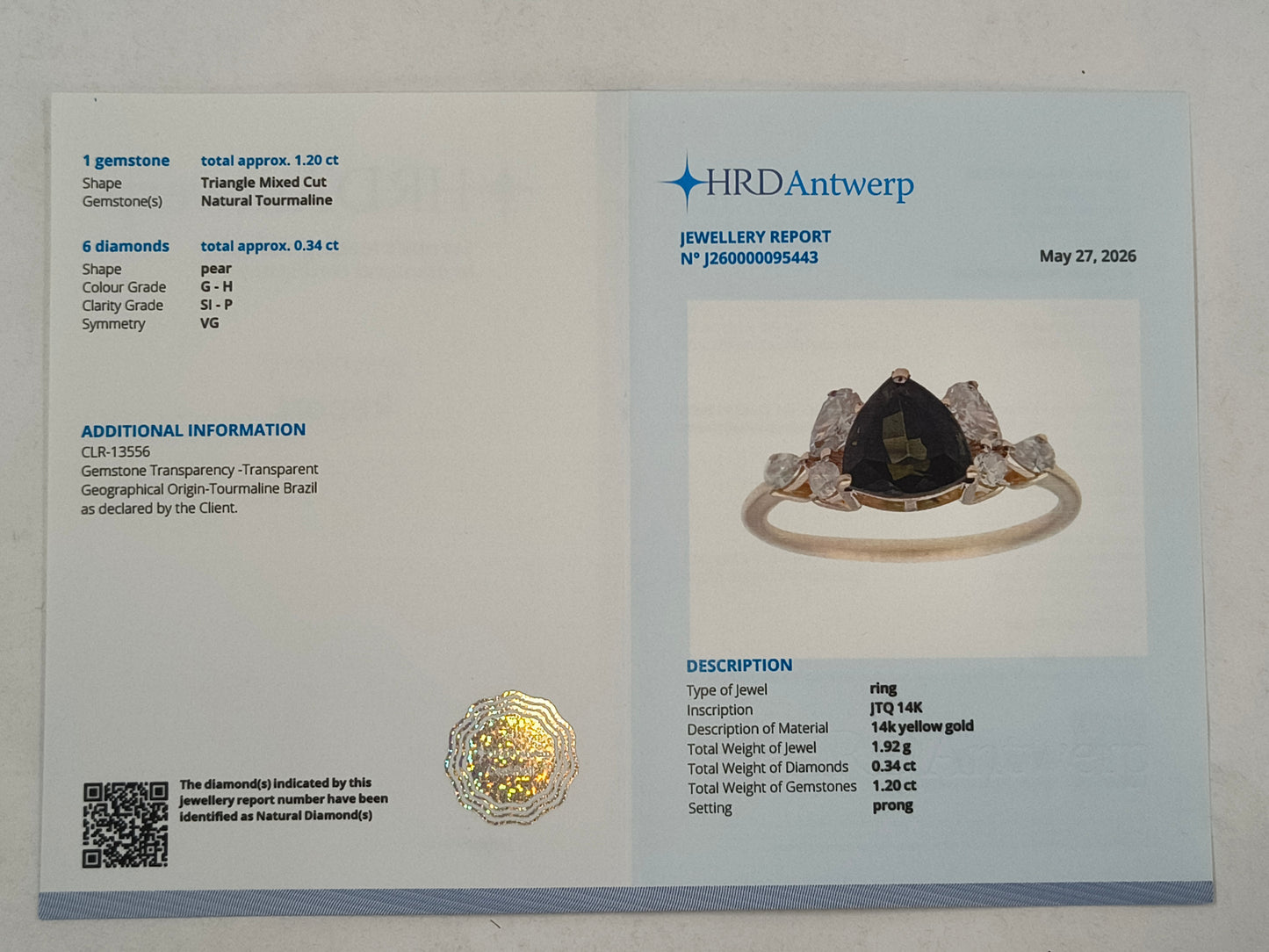 1.54 Ct Triangle Mixed Cut Natural Tourmaline 14K Gold Ring