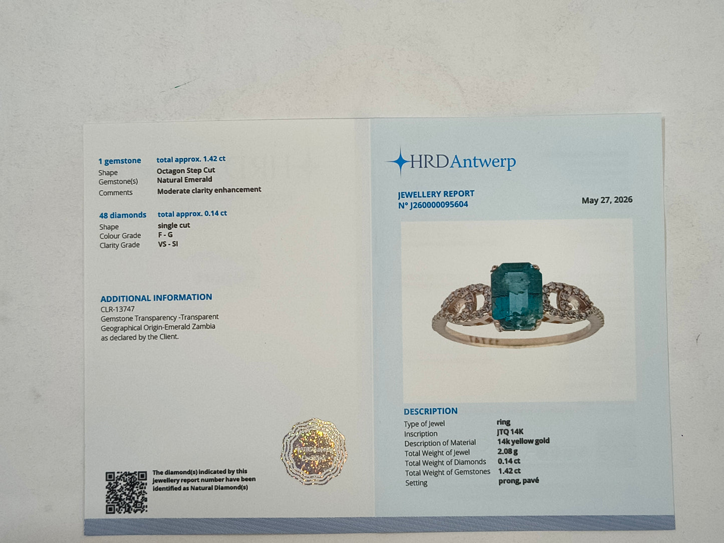 1.56 Ct Octagon Step Cut Natural Emerald 14K Gold Ring