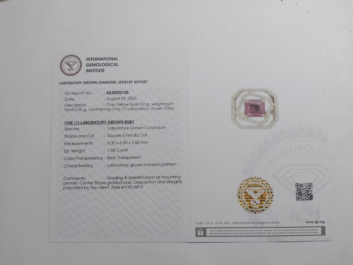 1.84 Ct Square Emerald Cut Lab Grown Ruby 14K Gold Ring