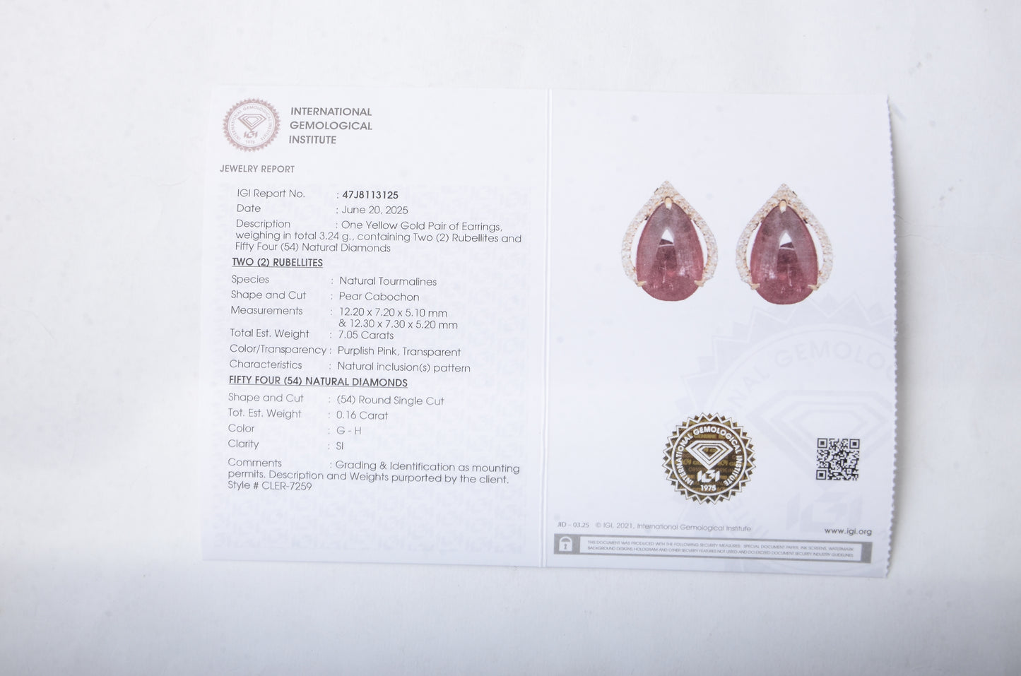 7.21 Ct Pear Cabochon Natural Tourmaline 14K Gold Earrings