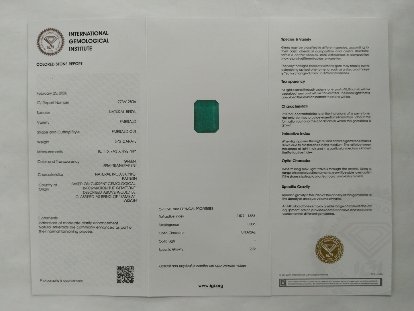 3.42 Natural Beryl Emerald Emerald Cut Gemstone