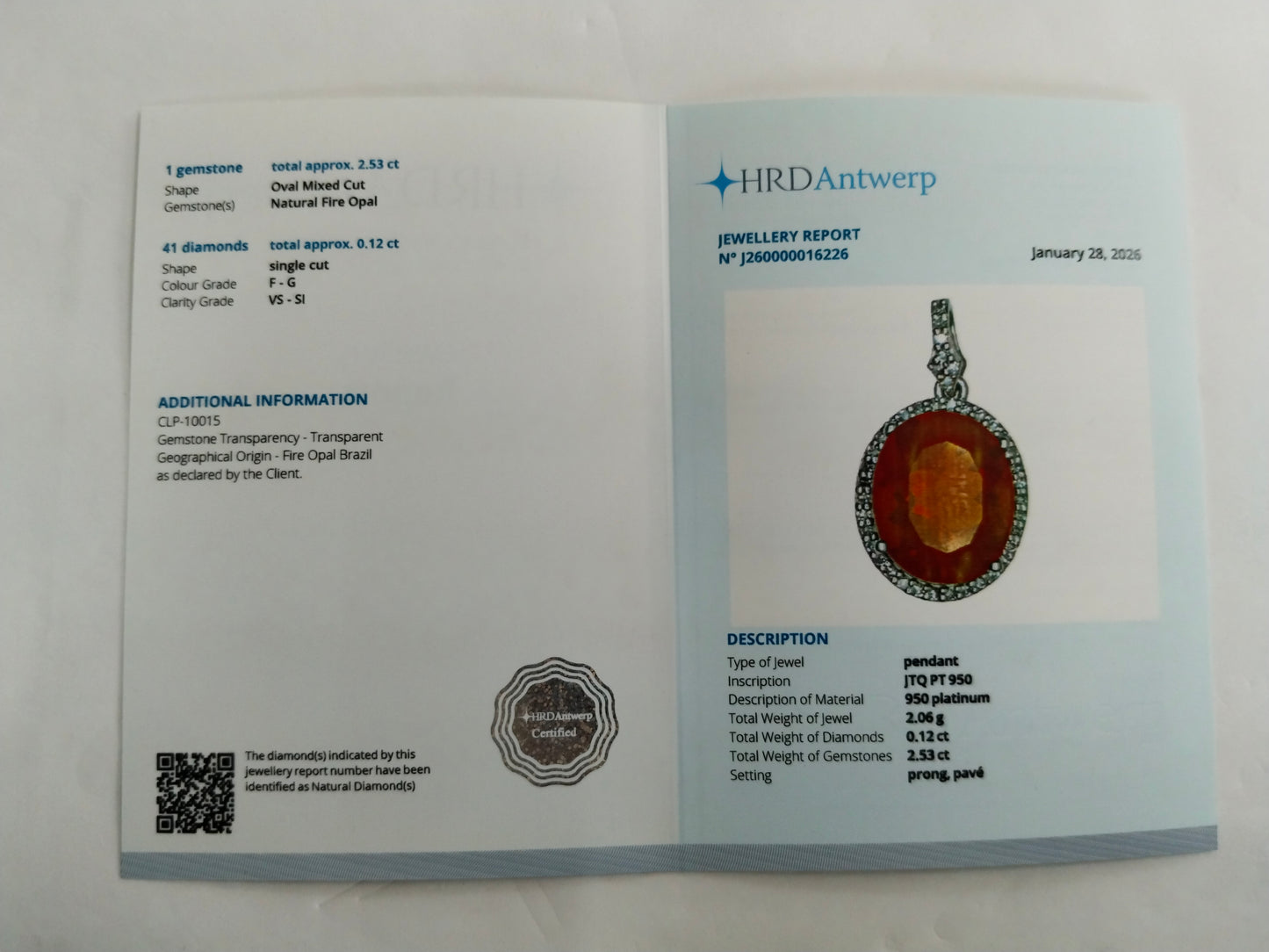 2.65 Ct Oval Mixed Cut Natural Fire Opal 950 Platinum Pendant