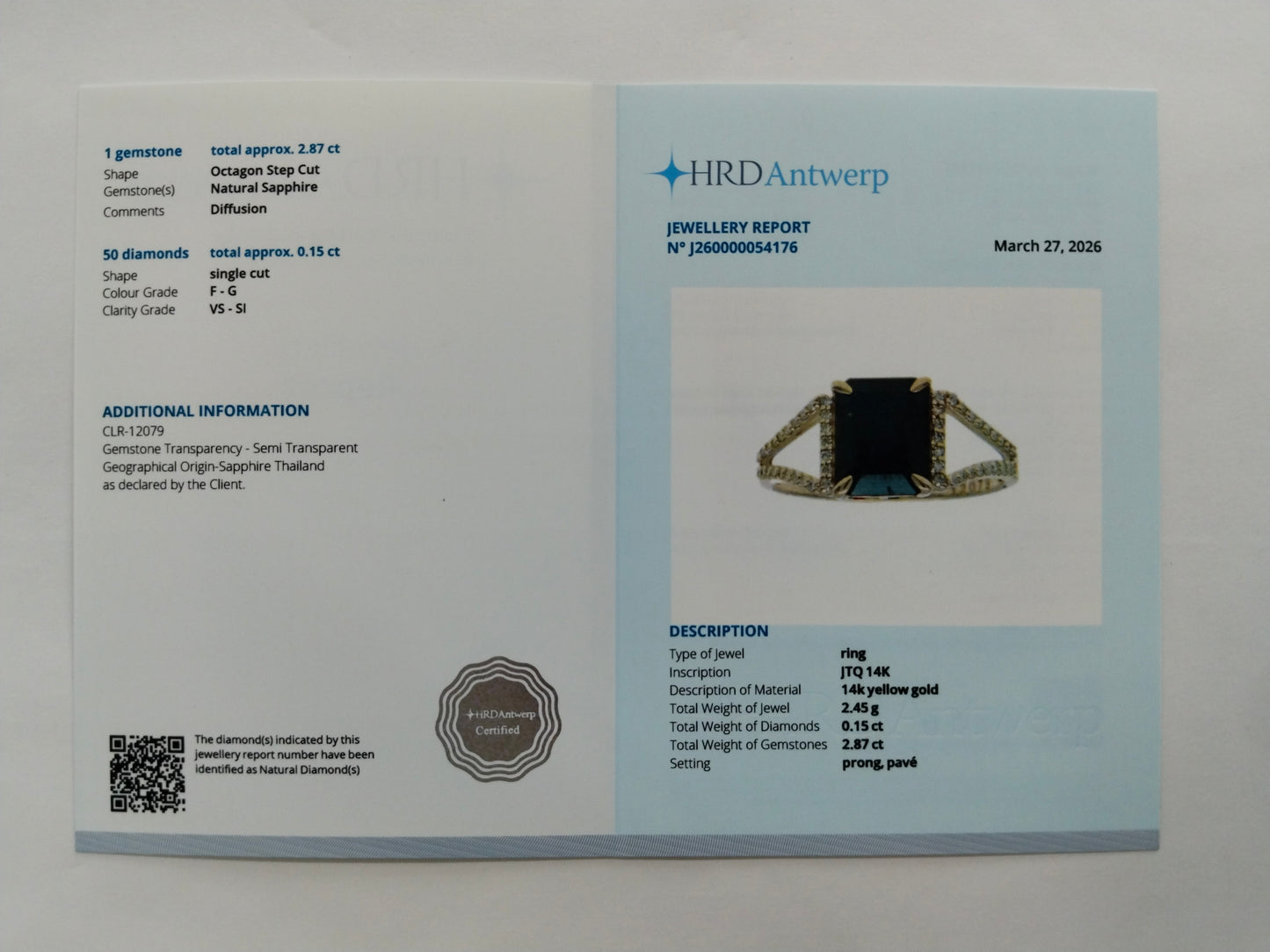 3.02 Ct Octagon Step Cut Natural Sapphire 14K Gold Ring