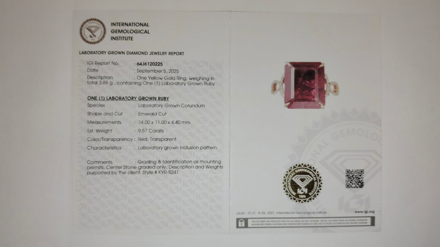 9.74 Ct Emerald Cut Lab Grown Ruby 14K Gold Ring