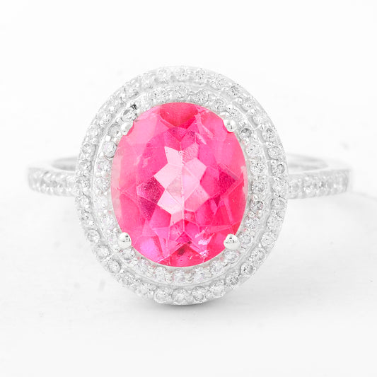 6.89 Ct Oval Pink Topaz, Cubic Zirconia 925 Sterling Silver Ring