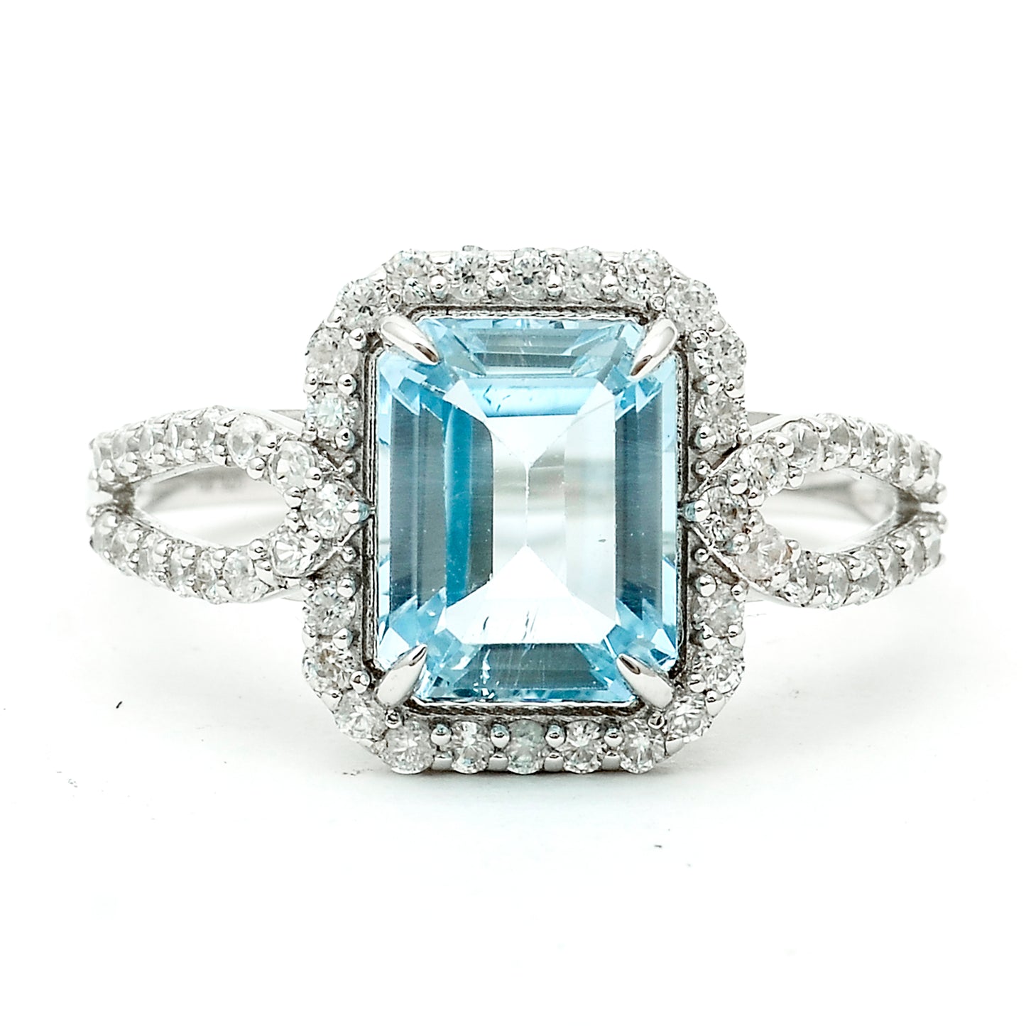 3.47 Ct Octagon Blue Topaz, White Zircon 925 Sterling Silver Ring