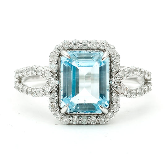 3.47 Ct Octagon Blue Topaz, White Zircon 925 Sterling Silver Ring