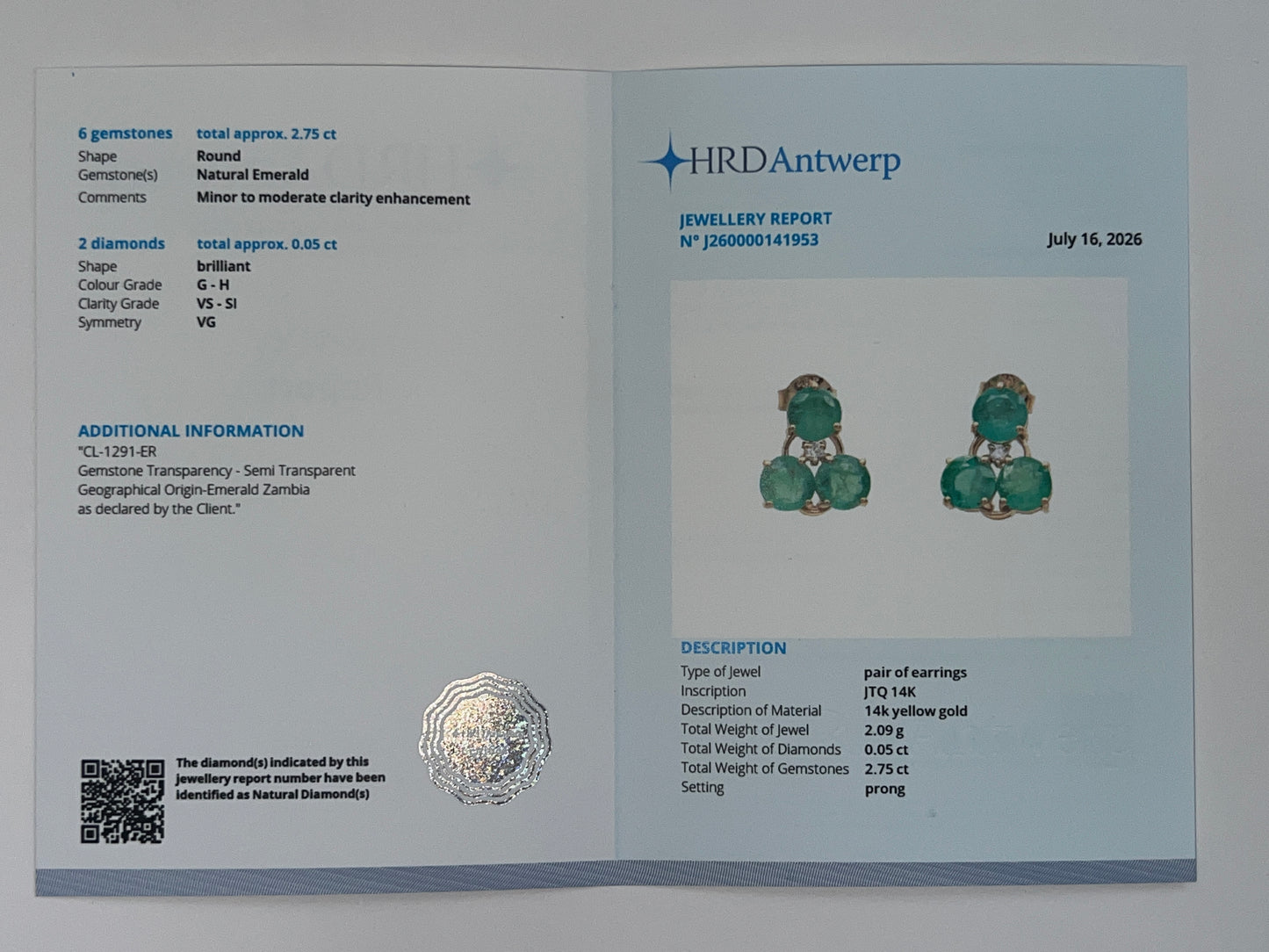 2.80 Ct Round Natural Emerald 14K Gold Earrings