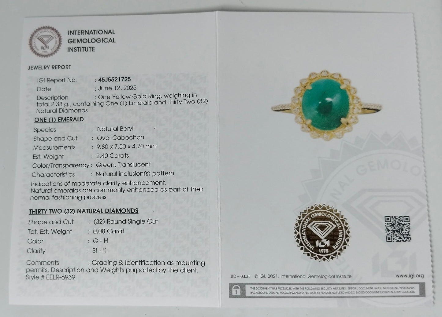 2.48 Ct Oval Cabochon Natural Beryl Emerald 14K Gold Ring