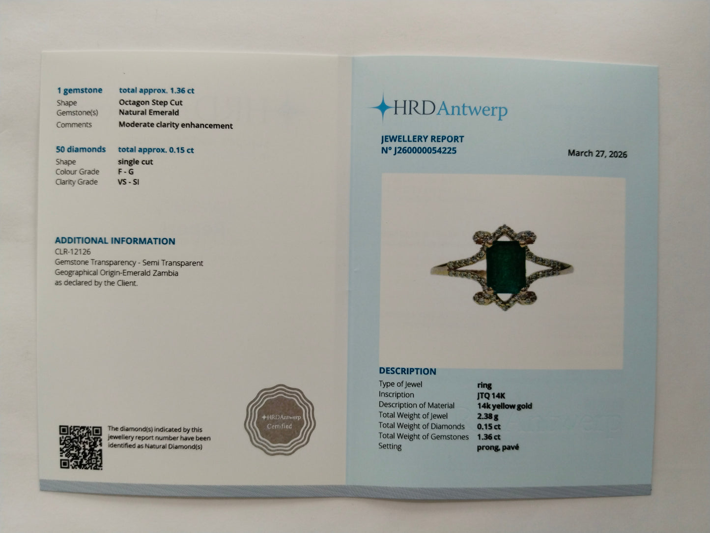 1.51 Ct Octagon Step Cut Natural Emerald 14K Gold Ring