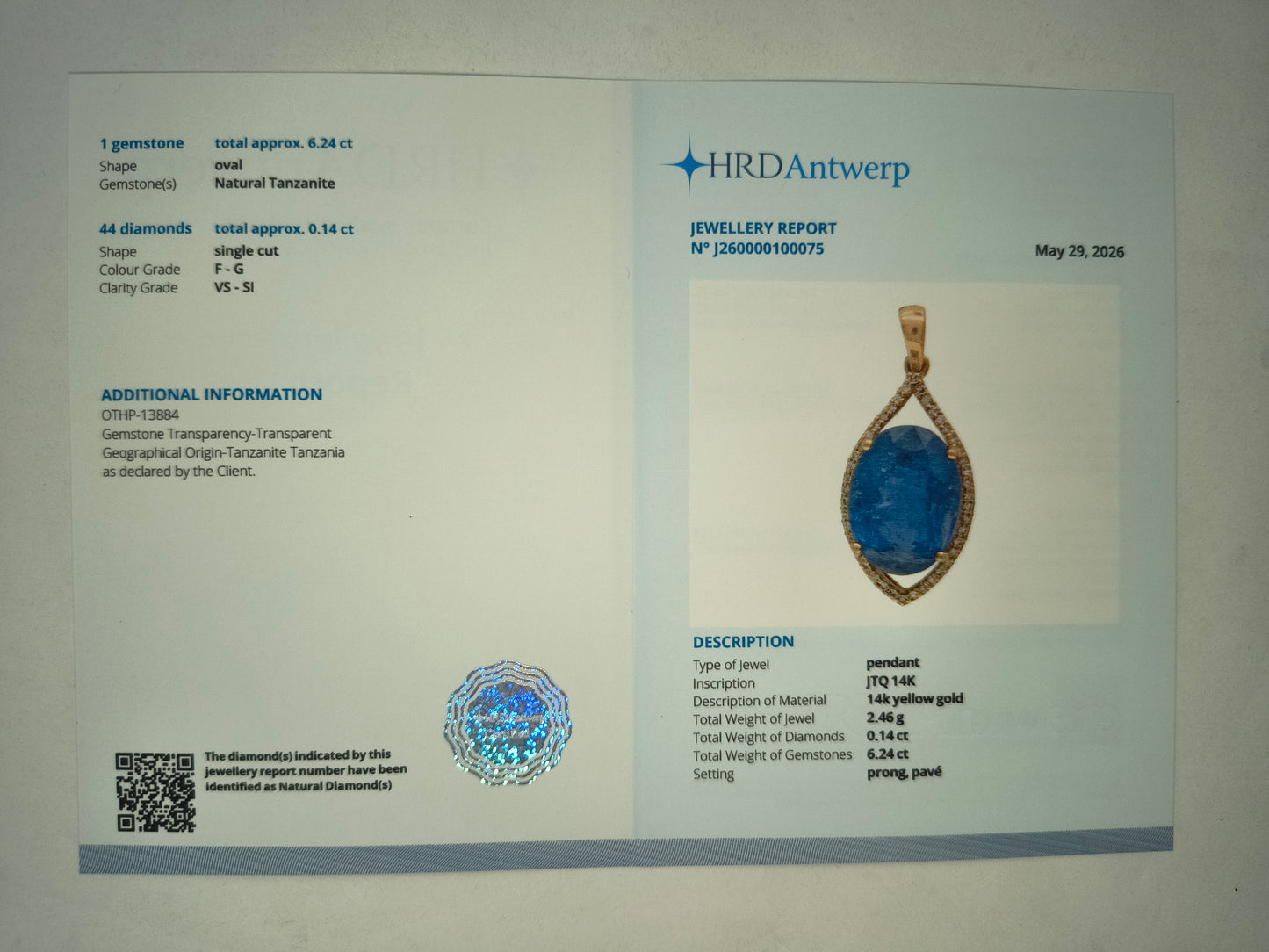 6.38 Ct Oval Mixed Cut Natural Tanzanite 14K Gold Pendant