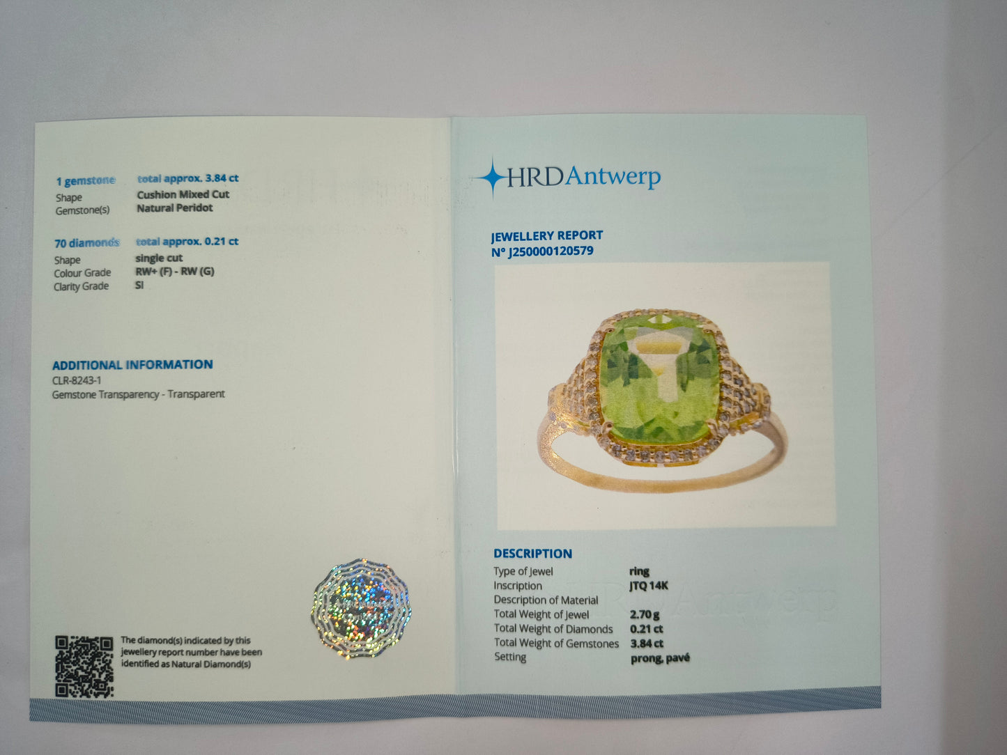 4.05 Ct Cushion Natural Eridot 14K Gold Ring