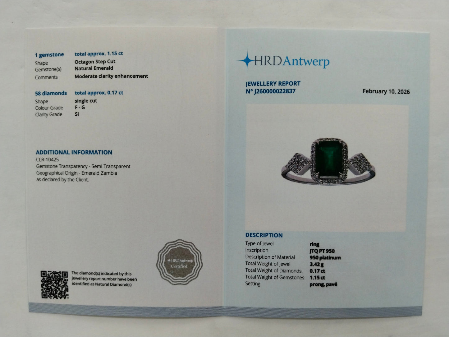 1.32 Ct Octagon Step Cut Natural Emerald 950 Platinum Ring