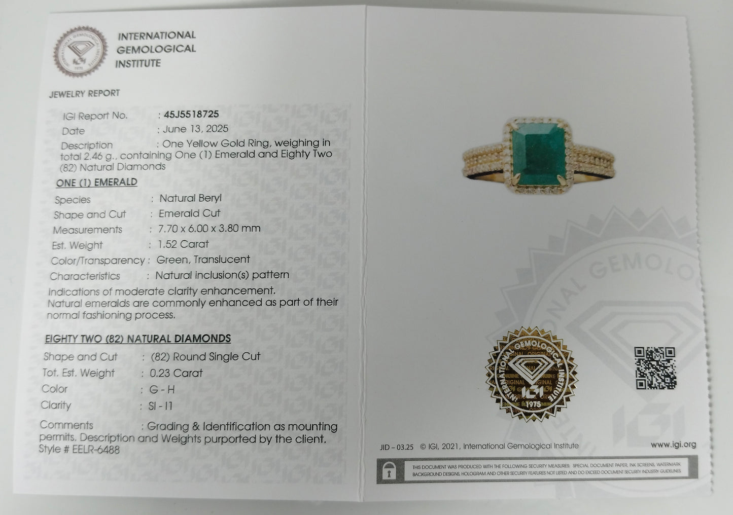 1.75 Ct Emerald Cut Natural Beryl Emerald 14K Gold Ring