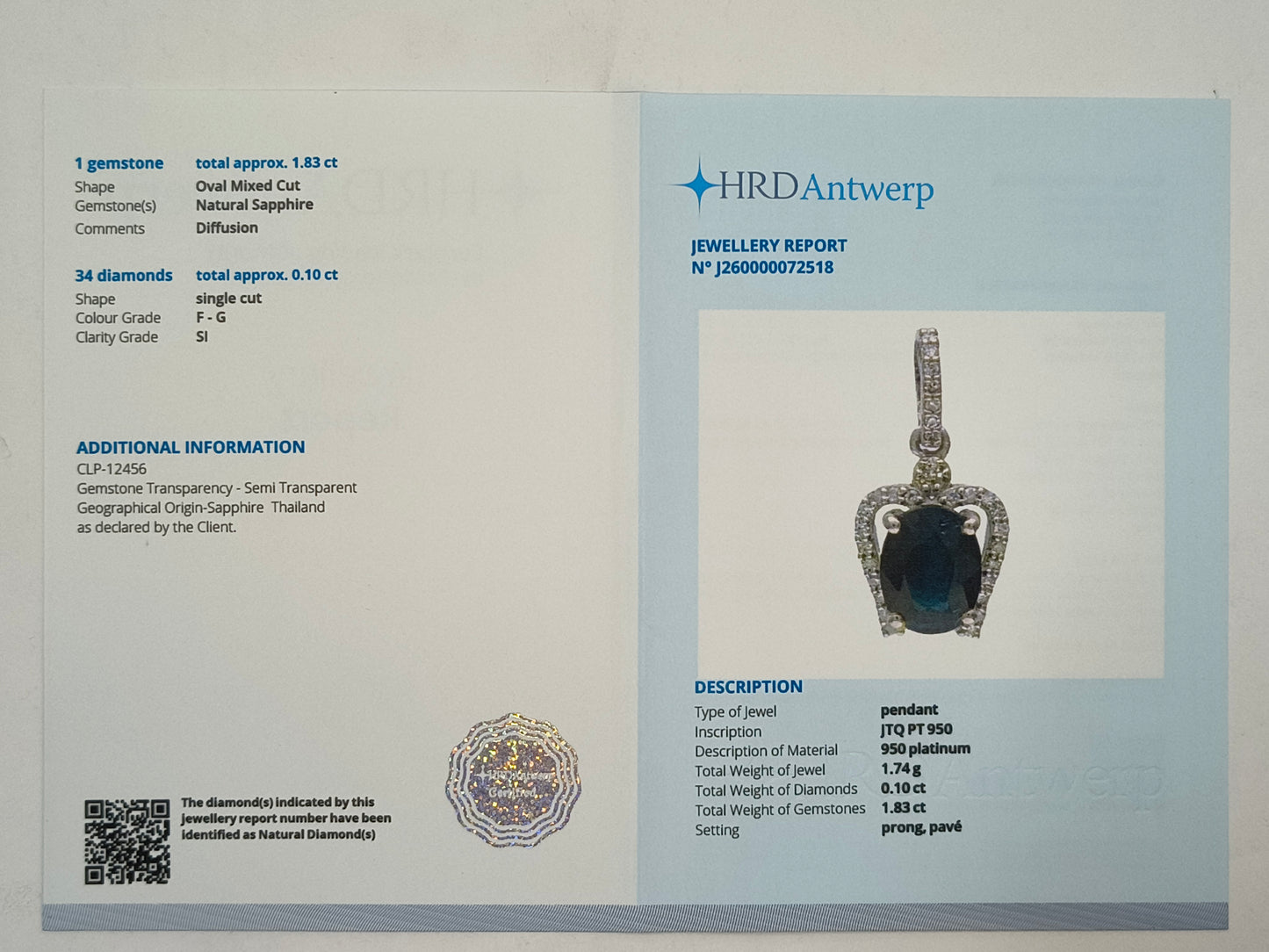 1.93 Ct Oval Mixed Cut Natural Sapphire 950 Platinum Pendant