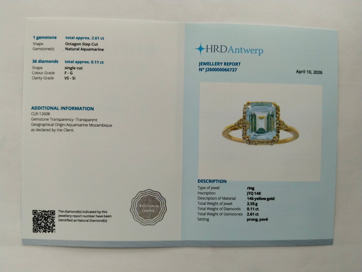 2.72 Ct Octagon Step Cut Natural Aquamarine 14K Gold Ring